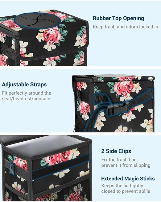 Capolo Car Trash Can with Lid, Leakproof Car Trash Bag Hanging Waterproof Automotive Garbage Can with Storage Pockets Mini Vehicle Trash Bin for Back/Front Seat(Flower,2.5 Gallon)