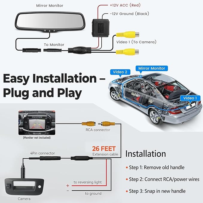 Tailgate Handle Backup Camera Compatible with 2007-2014 Chevy Silverado GMC Sierra 1500 2500 3500 HD with Waterproof Rear View Camera with Keyhole, Tailgate Handle Backup Kit Replaces# 22755304