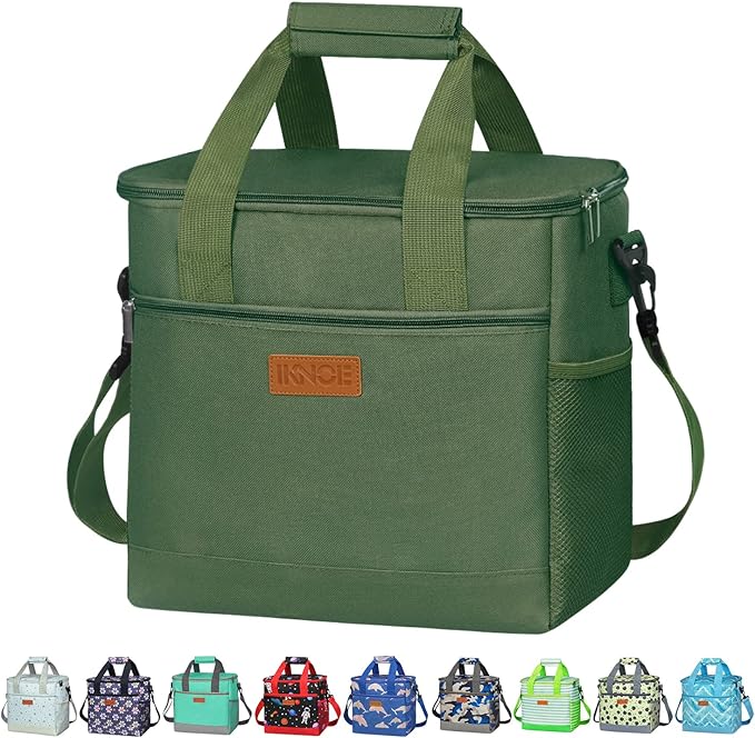 Iknoe Large Cooler Bag Collapsible 24 Can Insulated Bags Leakproof Lunch Cooler Tote with Multi-Pockets for Adult Insulated Thermal Bag for Beach, Picnic, Office Work(Military Green)