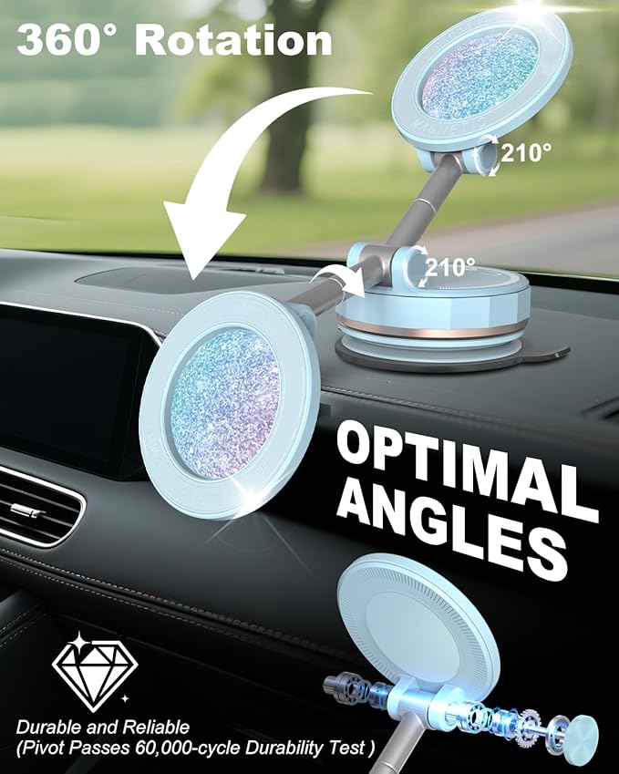 2026 Gen-3 Magnetic Phone Holder for MagSafe Car Mount,360° Adjustable Vacuum Suction Phone Mount for Car/Mirror/Home/Travel,Suction Cup Mount for iPhone 17/16/15/14/13/12/Android (Blue)