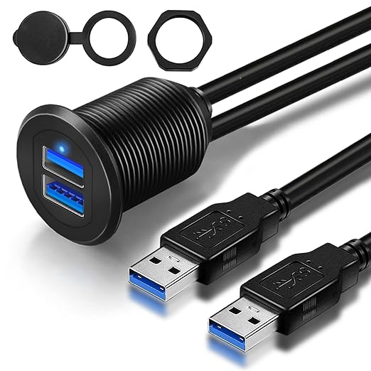 Double Port USB 3.0 Car Mount Flush Cable, USB3.0 Male to Female Car Extension Cable for Dashboard Panel 3ft