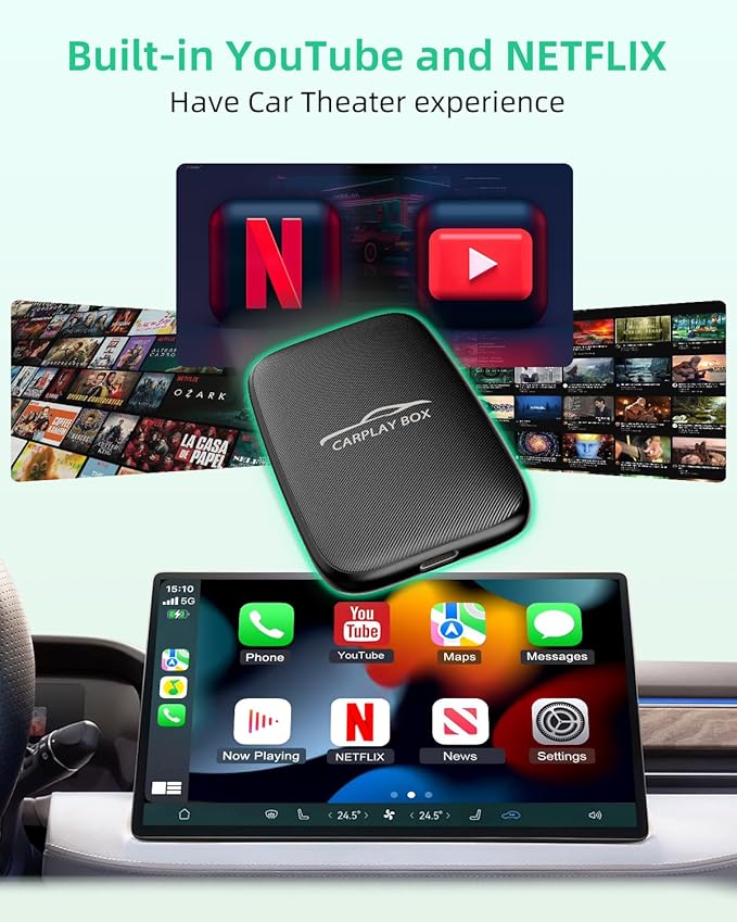5-in-1 Wireless Android Auto & Carplay Adapter, Wireless CarPlay Adapter Support Netflix/YouTube/TF, USB-A/USB-C Cables, Convert Wired to Wireles Apple Dongle, Magic Video Box Car Play for iPhone