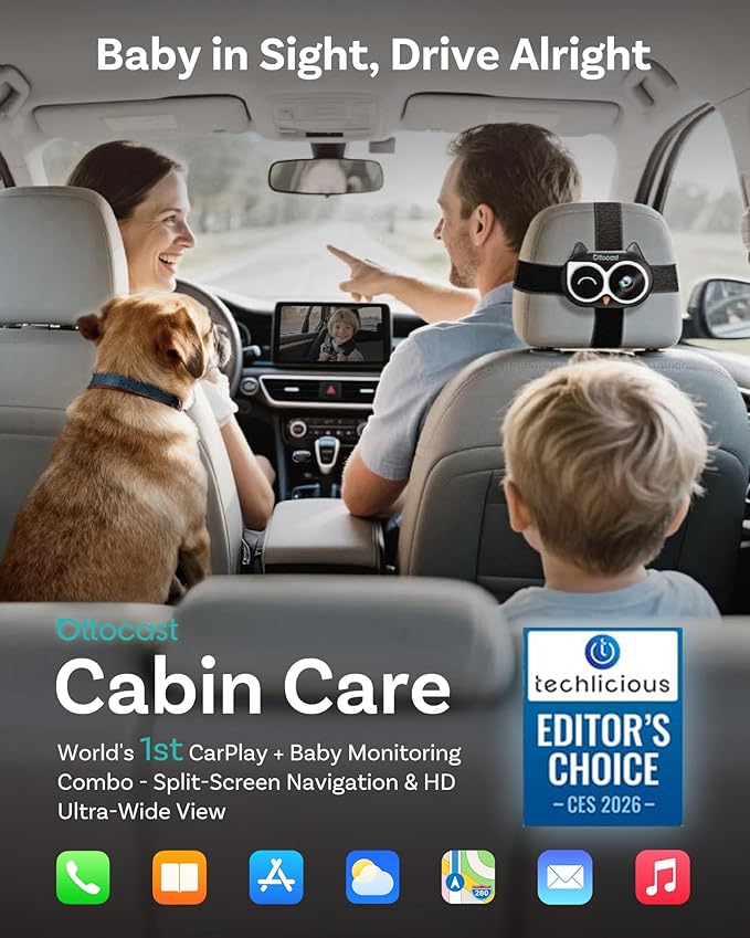 OTTOCAST Cabin Care Adapter 2026,2-in-1 Baby Car Camera & Wireless CarPlay Adapter-No Extra Screen Needed,1080P Car Baby Monitor for No-Glow Night Vision,150°Wide Angle,Plug&Play(No Android Support)