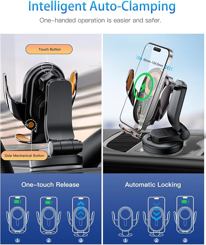 Wireless Car Charger Mount,15W Fast Charging Auto Clamping Car Phone Holder Charger for iPhone 15 14 13 12 Pro Max 11 XS, Samsung Galaxy S24 Ultra S23 S22 S21