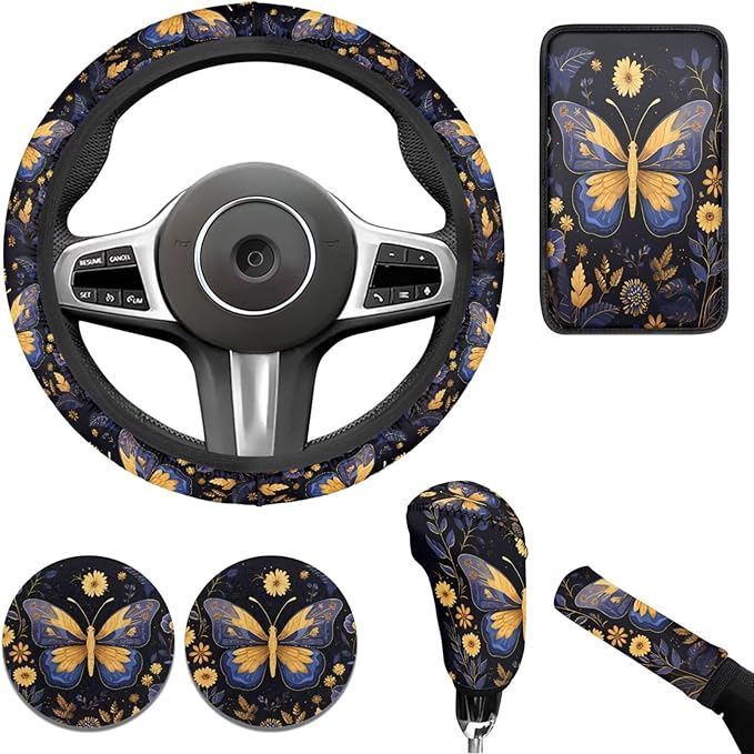Butterfly Car Decor Set for Women Butterfly Car Steering Wheel Cover Sets Cars Interior Decor Cup Coaster Handbrake Cover Suit for Most Cars Truck Vans SUV