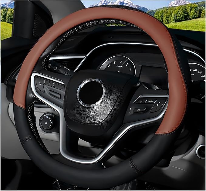 Leather Steering Wheel Cover, 15 Inch Soft Breathable Car Wheel Cover with Anti-Slip Lining, Universal Comfortable Steering Wheel Protector for Most Cars Trucks SUVs (Coffee)