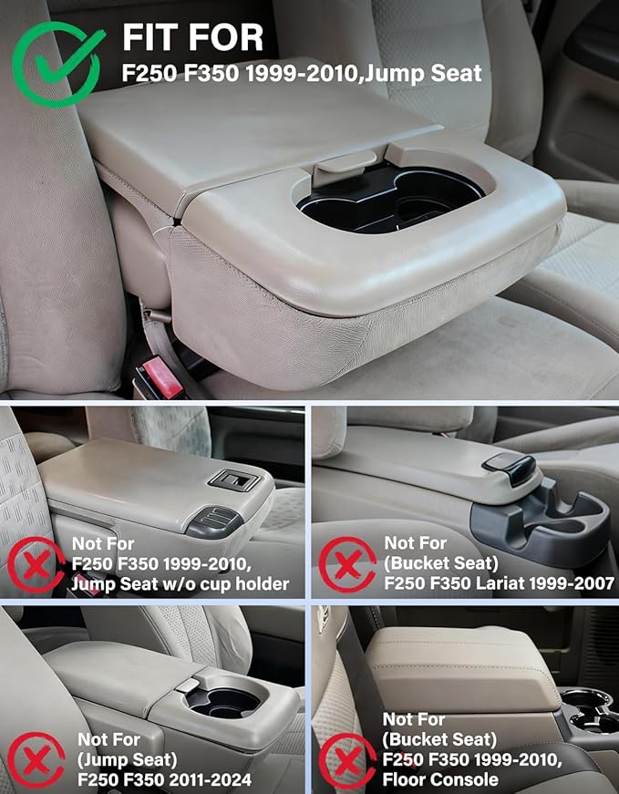 Center Console Armrest Cover for 1999-2010 Ford F250 F350 F450 Super Duty Accessories & F550 2001-2005 Super Duty, Vinyl Leather Middle Console Cushion Protector, Black(Fits Jump Seat Console Only)