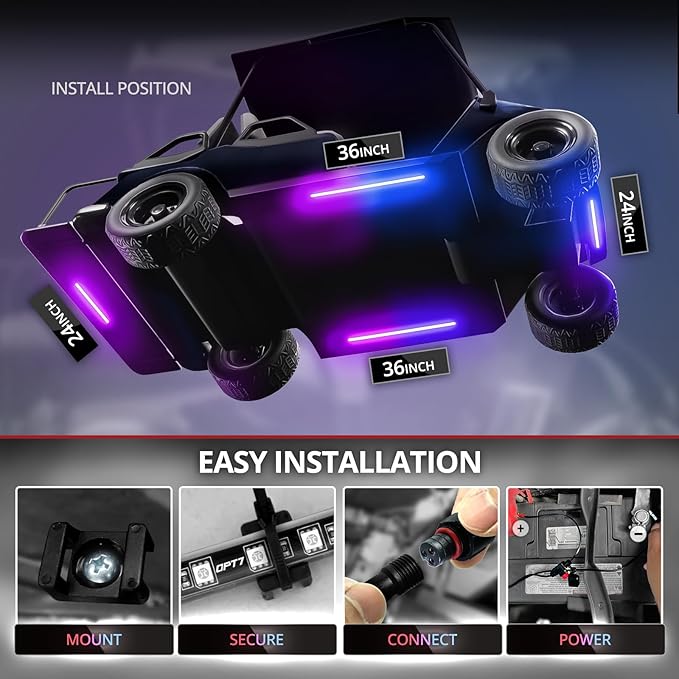 OPT7 12V Aura DreamColor Golf Cart Underglow LED Light Kit with App & Remote, 4PC Waterproof Multicolor Light Strips, Music Neon Accent Chasing Lighting for EZGO Yamaha Club Car, Outdoor Gifts
