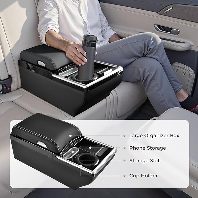 Coverado Center Console, Universal Bench Seat Center Console, Truck Back Seat Car Organizer with Cup Holder, Rear Central Car Armrest Box with Storage, Black
