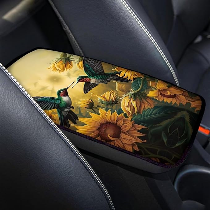 Floral Hummingbird Car Center Console Armrest Cover for SUV Vehicles Soft Comfortable Armrest Box Cover Center Console Pad Universal Fit Aiuomotive Accessories