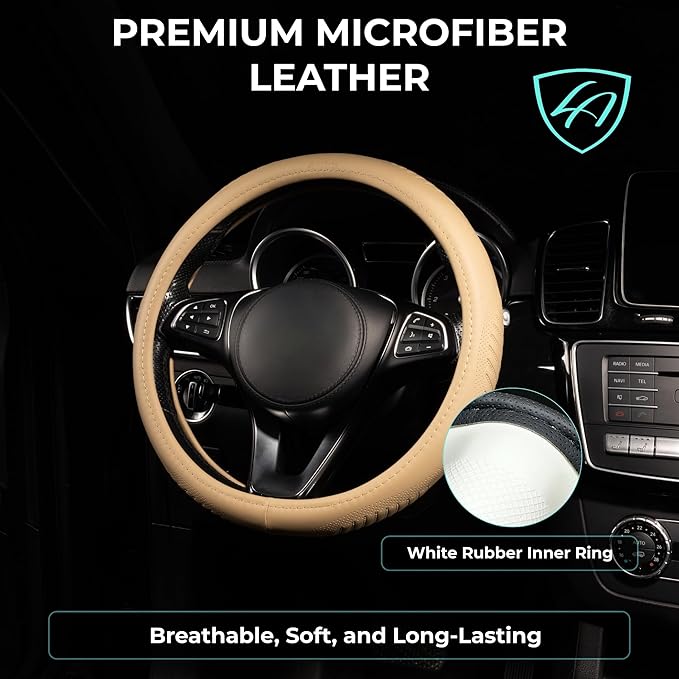 Lord Autofashion Steering Wheel Cover – PU Leather, Non-Slip Rubber Inner, All-Season Comfort – 14.5–15 Inch (Beige 9356)