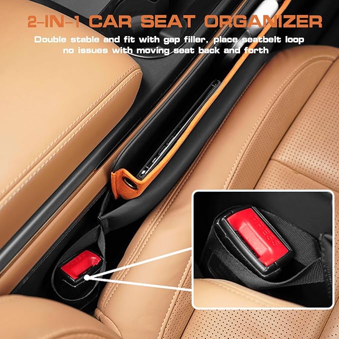 Car Seat Organizer with Gap Filler, 2-in-1 Luxurious Microfiber Storage Box and Leather Seat Console Gap Filler Drop Blocker Stopper Accessories for Sedan SUV Truck Van (Black/Orange, 1 Set)