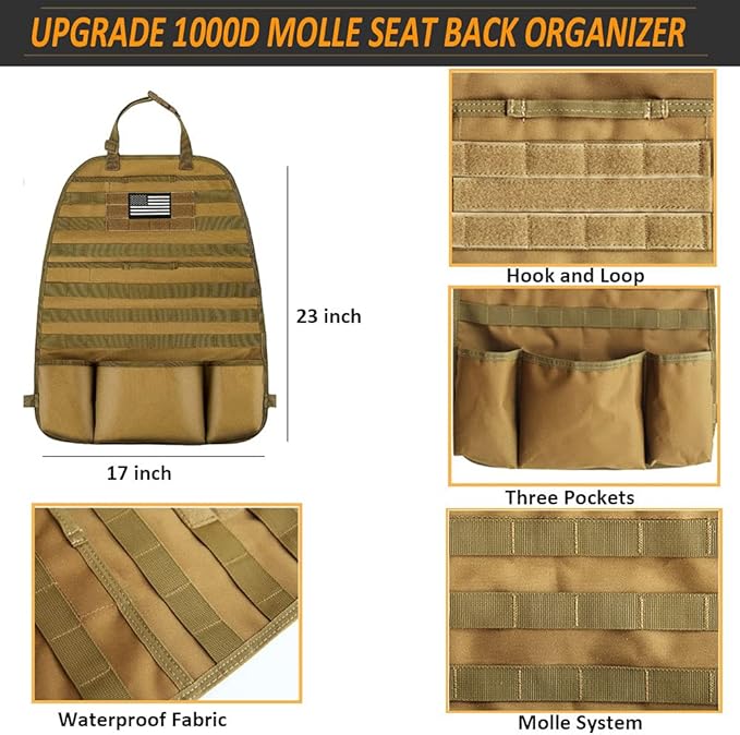 Upgrade 1000D Molle Seat Back Organizer with Pouches, Tactical Molle Vehicle Panel Car Seat Cover Protector Seat Back Organizers