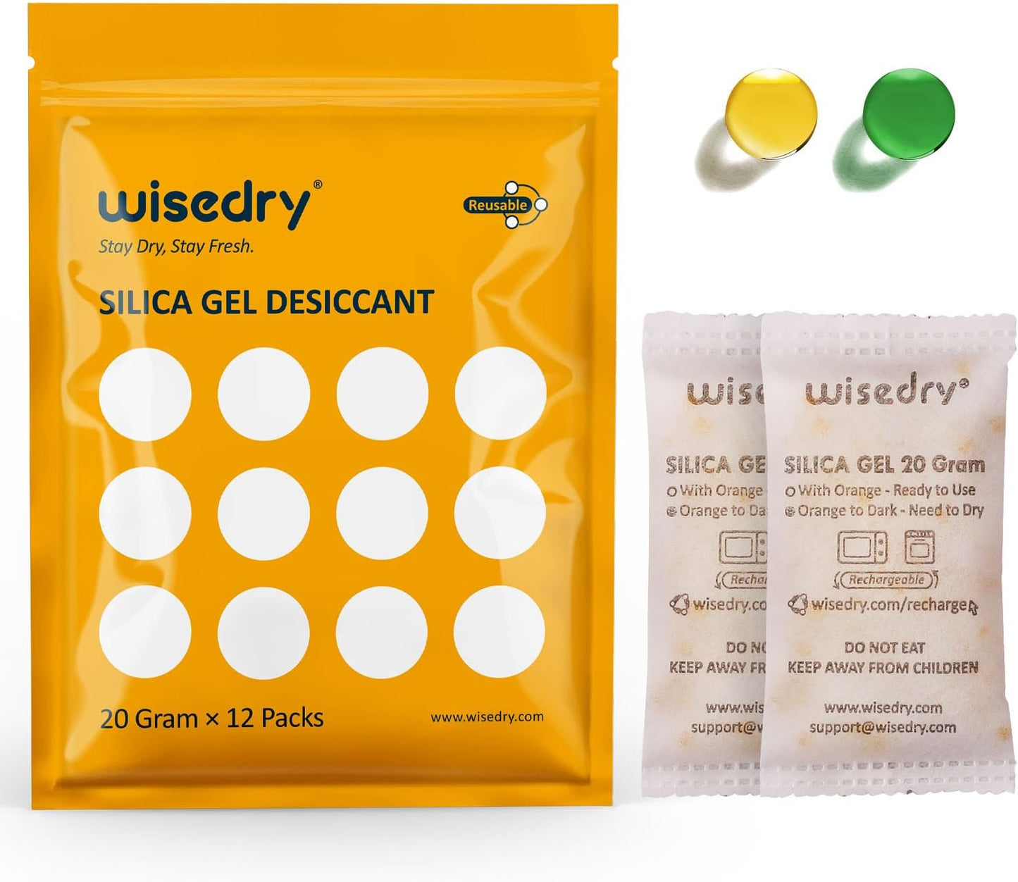 wisedry 20 Gram [12 Packs] Rechargeable Silica Gel Packets Microwave Fast Reactivate in 2MINS Moisture Absorber Desiccant Packs with Orange Indicating Beads Food Grade