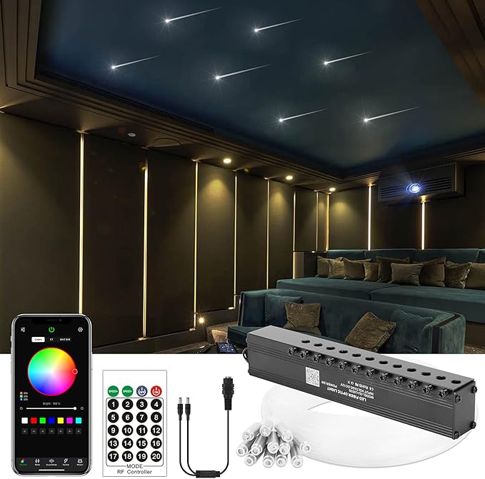 CHINLY Meteor 3W 96pcs 0.03in 9.8ft Bluetooth 12LEDs Fiber Optic Lights Kit Remote/APP Control + DC Power Splitter Cable for Car/Home Theater(Shooting Star Effect only)