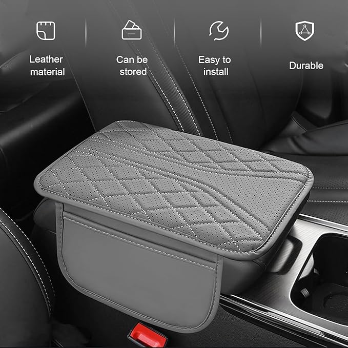 Car Center Console Cover, Leather Automotive Armrest Cushion with 2 Storage Bags, Breathable Armrest Cover, Universal Waterproof Arm Rest Protection Pad for SUV, Sedan, Truck (Gray)