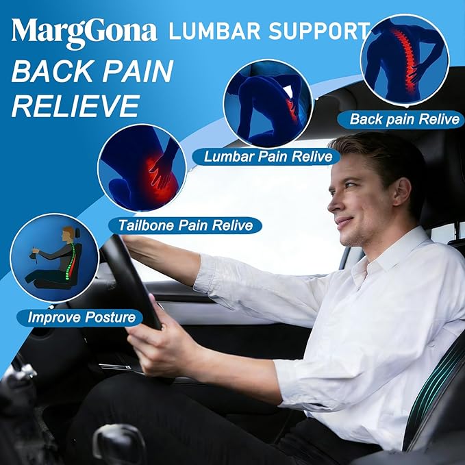 Lumbar Support Pillow for Office Chair & Car - Ergonomic Memory Foam Lower Back Cushion with Breathable Polyester Cover Adjustable Straps for Desk, Gaming, Wheelchair - Relieves Back Pain (Black)