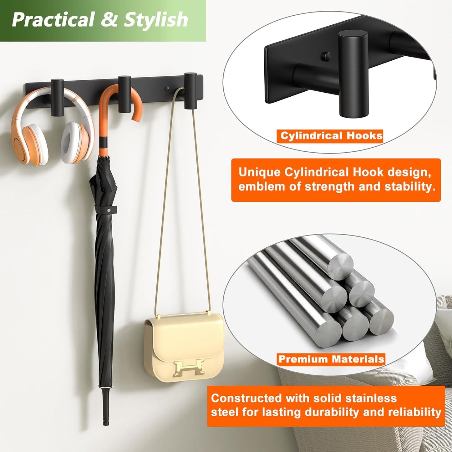 Wall Mounted Coat Rack-3 Hooks, Heavy Duty Stainless Steel Hook Rail for Towel Coat Hat Purse Bag Jacket, Towel Hooks for Entryway Bathroom Kitchen (Black 3 Hooks - 1 Pack)