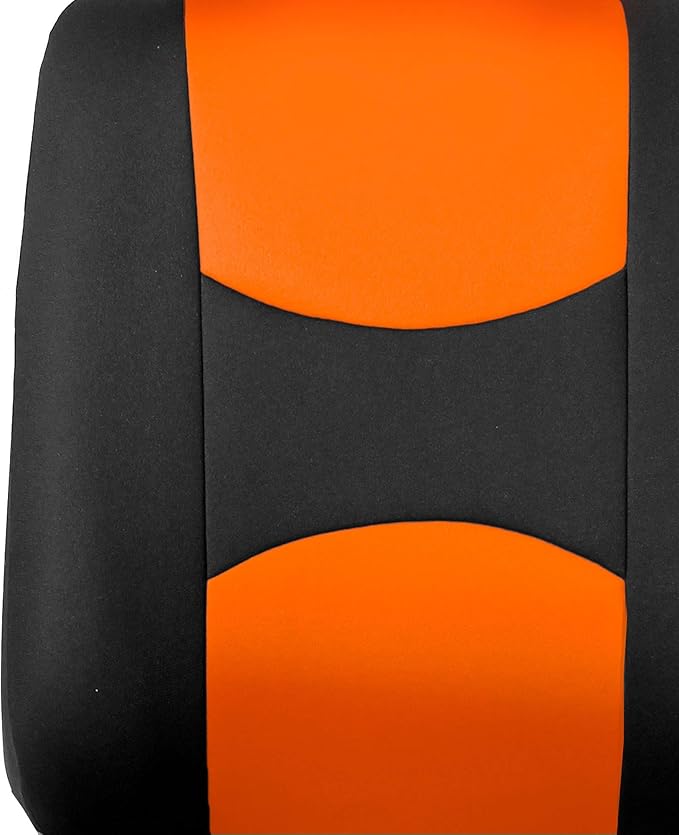 FH Group Car Seat Covers Flat Cloth Automotive Orange Full Set, Rear Solid Bench Universal Fit Combo Steering Wheel Cover & Seat Belt Pads Car Seat Protector for Cars Trucks SUV Interior Accessories