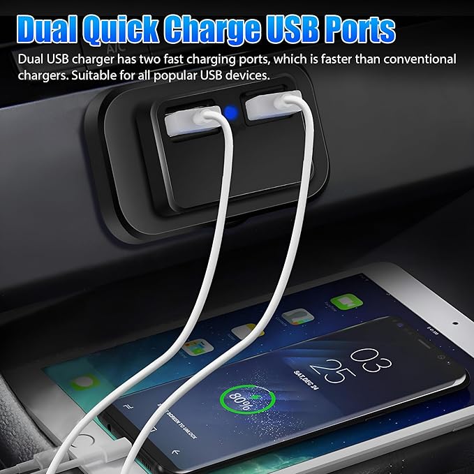 12V USB Outlet Automotive USB Port Panel Mount 12V USB Charger Multi Port Switch Panel Car Charger Socket Power Dual Port 12V 24V Quick Car Charger for Cars Bus ATV RV Boat Truck, 3.1A