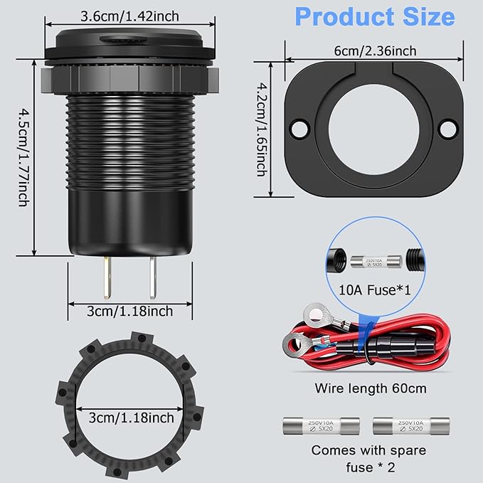 Qidoe 78W 3 Port USB C 12V Outlet Dual PD 30W & 18W USB A Port with Voltmeter Lengthened Aluminum Body Switch Waterproof Car Charger Socket for Car, Boat, Marine, RV