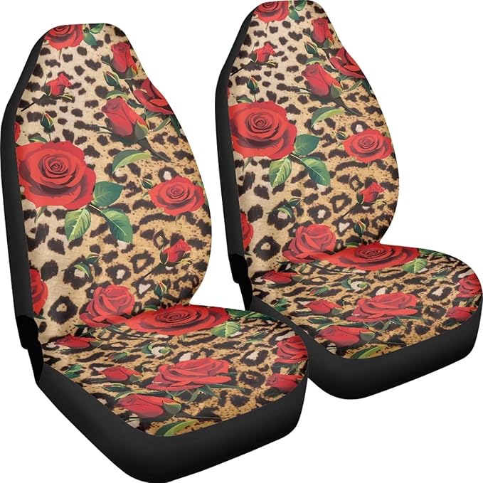 Leopard Print Rose Car Front Seat Covers Set of 2 Piece Auto Seats Protectors Anti-Scratch Seat Covers Universal Fit Most Vehicles