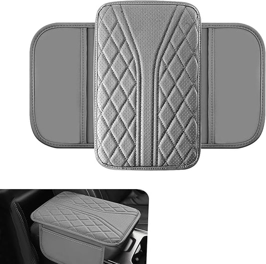 Car Center Console Cover, Leather Automotive Armrest Cushion with 2 Storage Bags, Breathable Armrest Cover, Universal Waterproof Arm Rest Protection Pad for SUV, Sedan, Truck (Gray)
