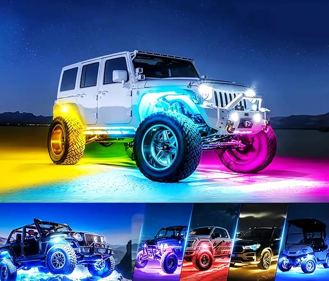 RGB Rock Lights, 8 Pods 36 LEDs SMD Chips Super Bright App Control Underglow Neon Light Exterior Chassis Wheel Well Glow Kit for Off Road Cars Trucks Jeep SUV UTV ATV RZR Golf Cart