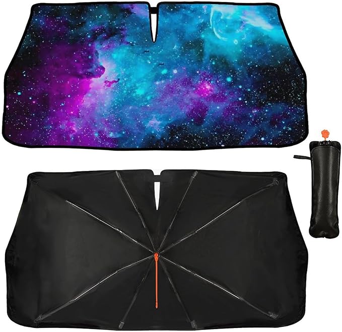 CHILLTEK Funny Car Windshield Sun Shade, Purple Starry Nights Car Sun Shade, Block UV Rays Heat Foldable Windshield Umbrella Sun Visor Protector - Keep Vehicle Cool for Cars SUV