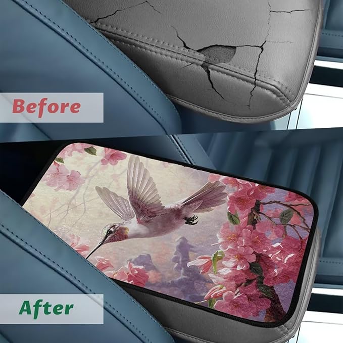 Cute Hummingbird Car Armrest Seat Box Cover Elastic Flannel Car Arm Rest Cushion Pad Scratch Resistant Middle Console Lid Protector Pad for Cars Trucks and SUVs