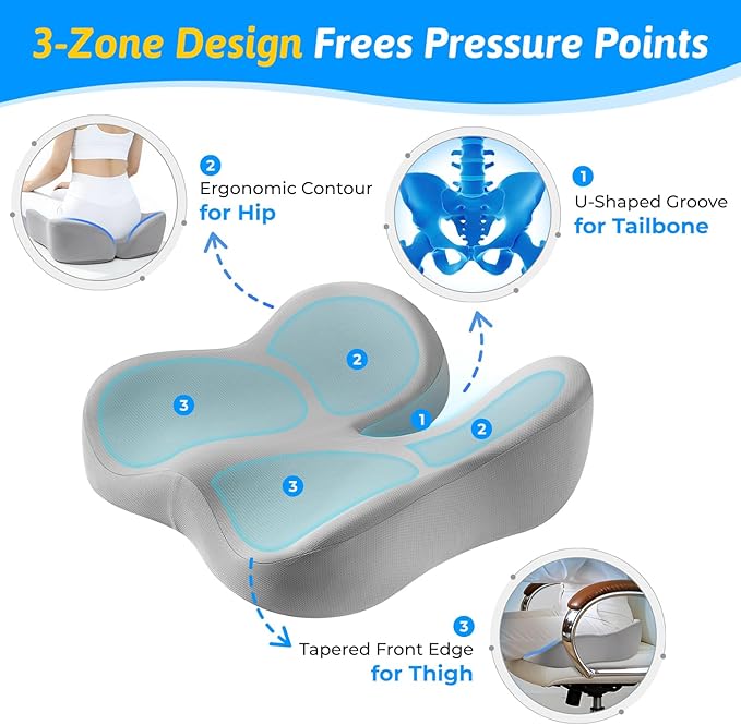 Seat Cushion for Tailbone & Sciatica Pain Relief - Plush Yet Supportive Ergonomic Memory Foam Chair Cushions for Office Chair, Car, Wheelchair,Airplane & Long Sitting(Light Gray)