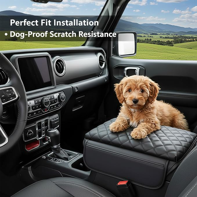 Center Console Cover with Pocket for Jeep Wrangler JL 2018-2025 Armrest Cover Leather Arm Rest Pad with Pockets Middle Console Lid for Wrangler JL JLU&Gladiator JT2018-2025 Accessories（Black）