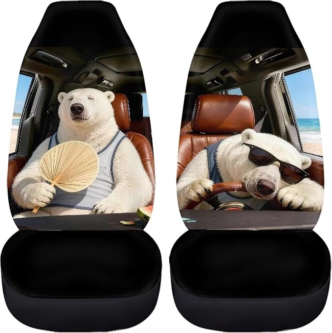 Funny Car Seat Covers 2 Pcs Automobile Front Seat Covers Polar Bear Breathable Protection Interior Accessories Anti-Slip Back Fabric Compatible with Most Cars,SUV,Sedan
