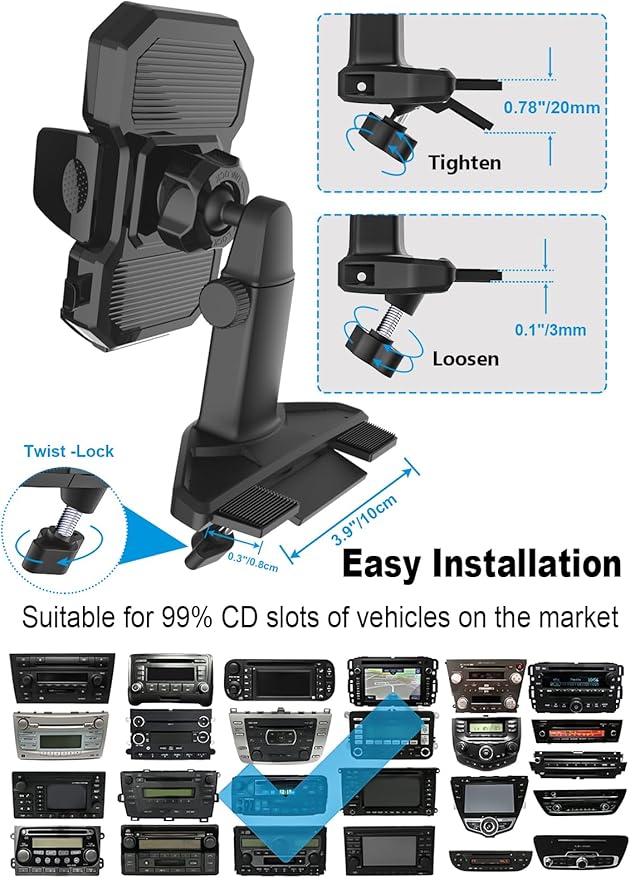 CD Slot Phone Holder for Car [Height Adjustable] Car Phone Holder CD Player Mount with One Button Release Clamp for iPhone 15 Pro Max Plus 14 13, Galaxy S23, Fire, All 4-7" Mobile Phones