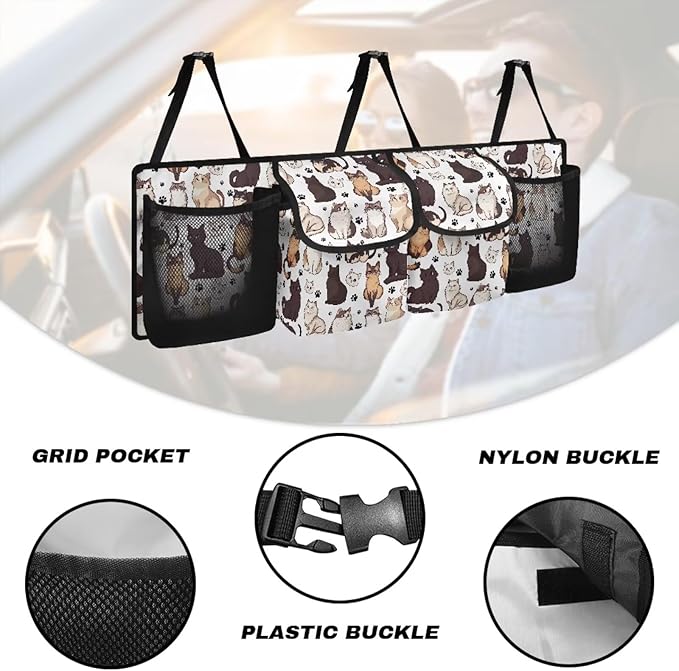 Car Trunk Organizer Cute Cat Back Seat Car Organizer Equipped with Robust Elastic Net, Hanging Trunk Storage Organizer with Lids, Space Saving Expert