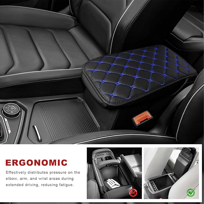 Car Center Console Cushion Pad, Anti-Scratch PU Leather Auto Armrest Seat Box Protector, Waterproof Arm Rest Protection Cover Interior Decoration for SUV Sedan Truck (Blue)
