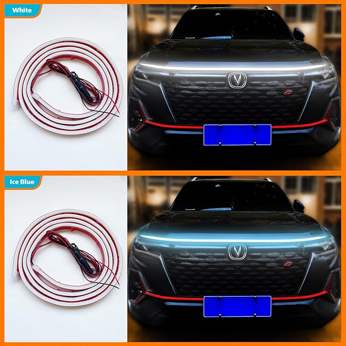 Car Hood LED Light Strip Exterior Flexible Dynamic Scan Daytime Running for Hoodbeam Kit 12v Silicone Waterproof Lights for Cars SUVs(Ice Blue,70IN)
