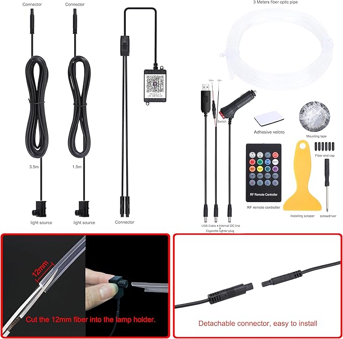 3 m Optic Fiber Car Ambient Lighting Kit Bluetooth App Control + RF Remote Control 64 Colors Multicoloured Music Interior Lighting Kit 12V 1W