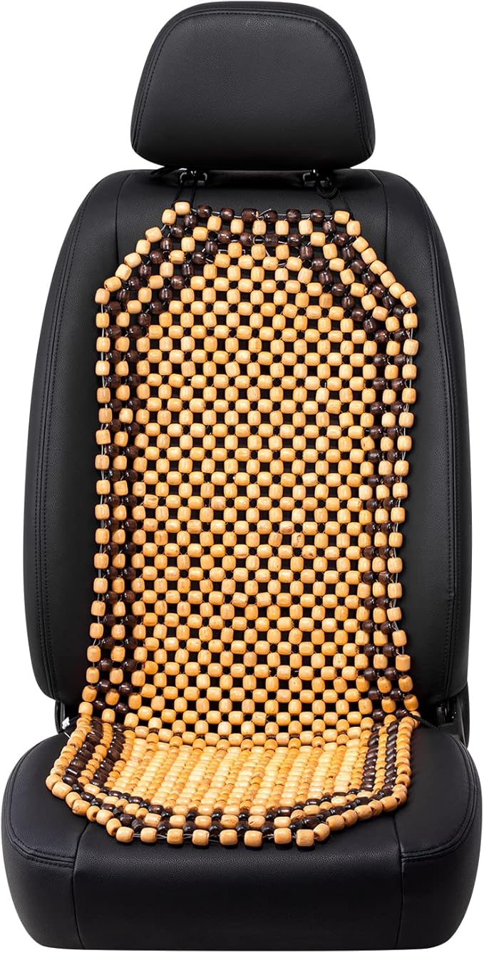 Road Comforts Wood Beaded Seat Cover Back Massage Cushion for Stress Free - Keeps Back from Getting Sweaty While Driving 1PC (Beige)