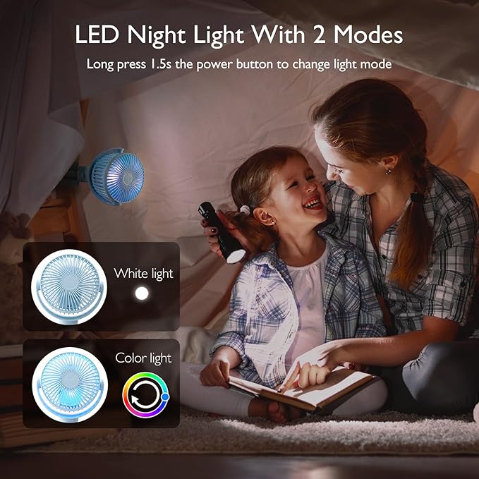 Momcozy 8000mAh Portable Stroller Fan, 27H Ultra-long Battery Life Detachable 4 Speed 360°Rotate LED Night Light with 2 Modes, USB Rechargeable Handheld Cooling Fan for Travel/Car Seat/Bedroom