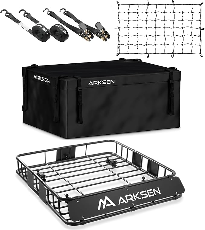 ARKSEN 43" x 39" x 6" Roof Rack Basket with Extension, Waterproof Cargo Bag, Net & Ratchet Straps, 150 lb Heavy-Duty Steel Cargo Carrier, Fits Crossbars up to 1.38" Thick, for SUV & Pickup Truck