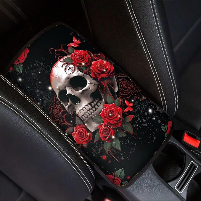 Dreaweet Red Rose Skull Center Console Armrest Pad Cover Halloween Goth Car Accessories Soft Comfort Arm Rest Cover Pad Universal Middle Console Covers for Cars SUV Truck Sedan