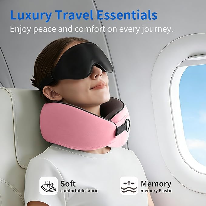 Travel Pillow, Memory Foam Neck Pillow for Sleeping, 360° Ergonomic Support Travel Neck Pillow for Flights, Portable Set with 3D Eye Mask, Washable Cover, Comfort for Airplane & Office (Pink)