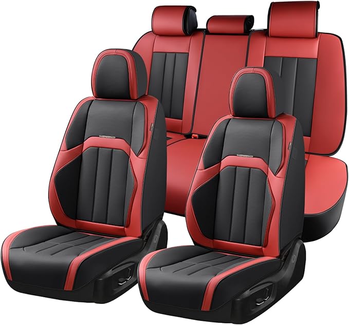 Coverado Car Seat Cover, Cover for Cars Full Seat, Premium Leather, Universal Fit Waterproof Seat Protectors, Car Seat Cushion Non-Slip for Most Cars-Black Red