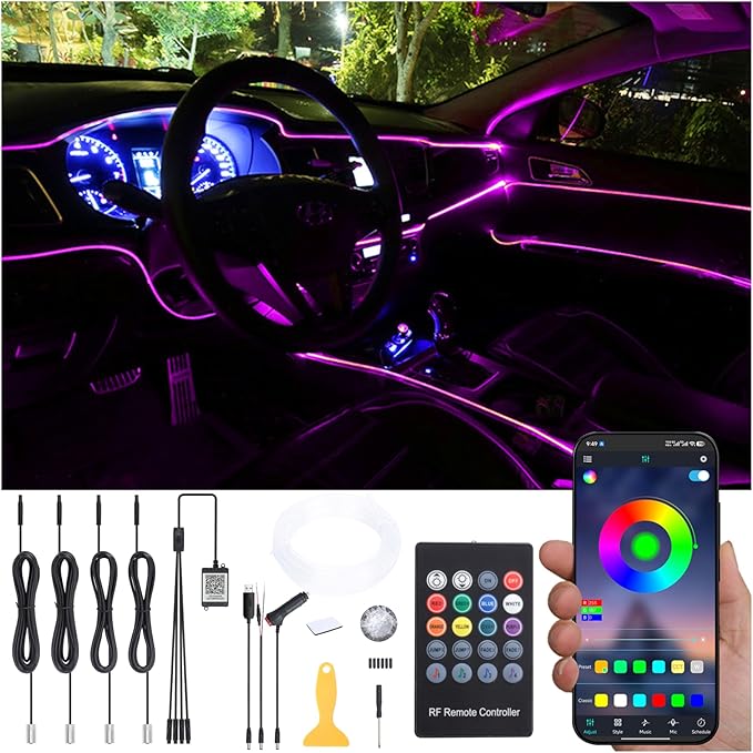 Car Interior Strip Lights, 4 in 1 Multicolor RGB Car Ambient Lighting Kit, 5m Fiber Optic EL Neon Tube Light, DIY Mode Music Sync RF Remote Control + APP Control DC 12V