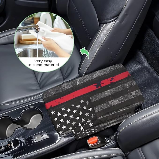 Tupalatus Firefighter Flag Car Center Console Cover Non-Slip Armrest Cushion Cover Pad Easy Installation Car Armrest Seat Box Covers with Storage Pockets for Cars Trucks and SUVs