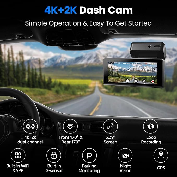 4K+2K Dash Cam Front and Rear, 5G WiFi GPS, 32GB Card Included, 3.39" Screen Dual Dashcam, G-Sensor, 24H Parking Mode, WDR, Dash Camera for Cars