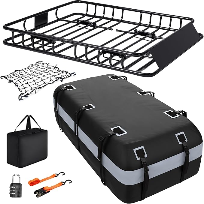 Heavy Duty Universal Rooftop Cargo Carrier Roof Rack, 64"x36"x5" Roof Rack Basket with 20 Cu.Ft Waterproof Bag, for SUV, Truck and Van, 250lbs Capacity, Corrosion Resistant (ROOF 64" and Bag)
