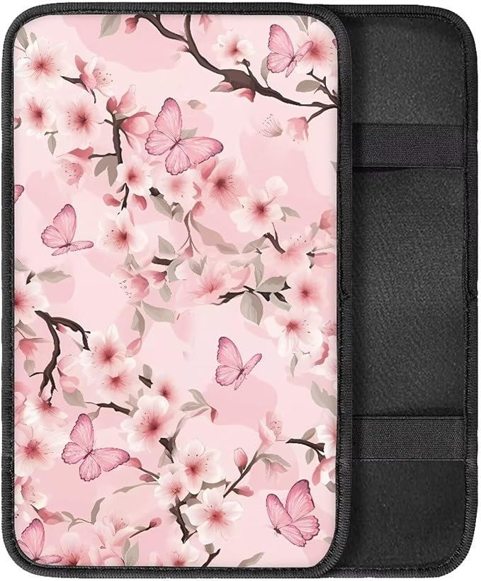 Cherry Blossom Butterfly Soft Armrest Seat Box Cover Car Armrest Cushion Car Decor Protective Car Accessories Fit for Most Cars, Vehicles, SUVs