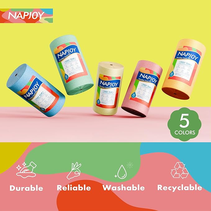 Napjoy Microfiber Cleaning Cloth Roll, 75PK Easy Tear Away Reusable Paper Towels, 12" x 12", Lint-Free and Scratch-Free with Patented Fiber Technology Microfiber Towel Roll, Green